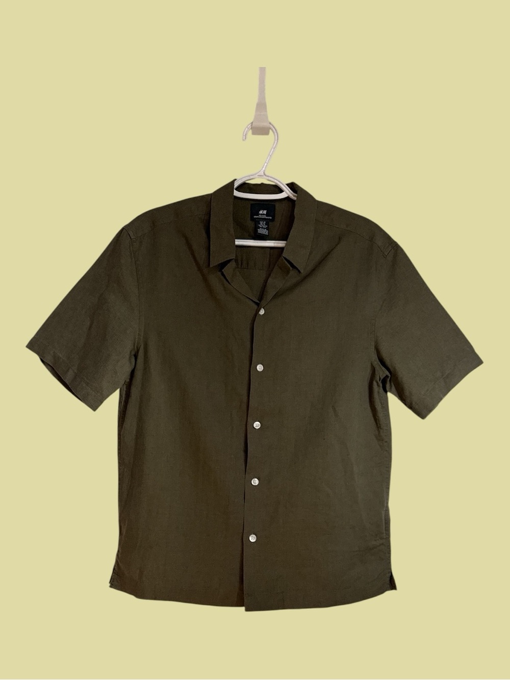 H&M Men’s Linen Cotton Blend Short Sleeve Relaxed Fit Dk Khaki Resort Shirt XS
